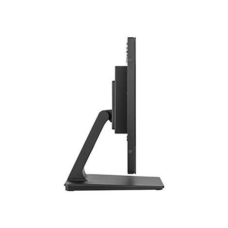 Seitenansicht eines schwarzen Monitors mit Standfuß. Der Monitor hat schmale Ränder, seitliche Knöpfe und einen schwenkbaren Arm.