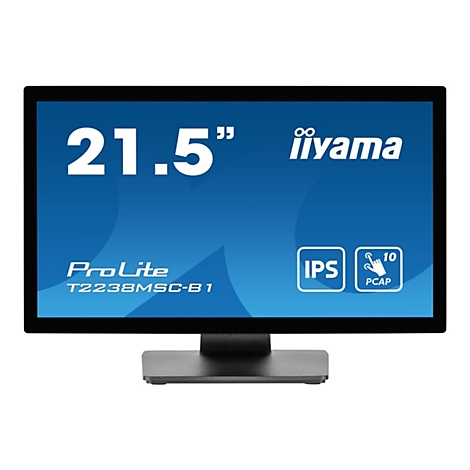 Ein schwarzer Touchscreen-Monitor mit der Aufschrift 21,5" iiyama, ProLite, IPS und PCAP. Der Bildschirm ist an einem schwarzen Fuß befestigt.
