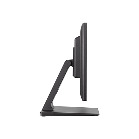 Seitenansicht eines schwarzen Monitors mit Standfuß. Der Bildschirm steht auf einem weißen Hintergrund.