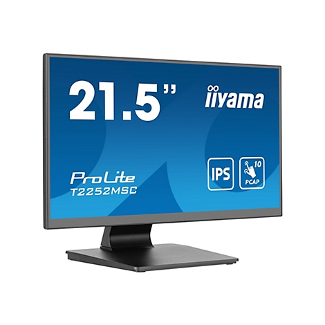 Ein 21,5 Zoll Iiyama ProLite T2252MSC Monitor mit blauem Bildschirm, schwarz umrandet und einem schwarzen Standfuß.