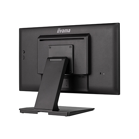 Rückseite eines schwarzen iiyama-Monitors mit Standfuß. Anschlüsse sind beschriftet.