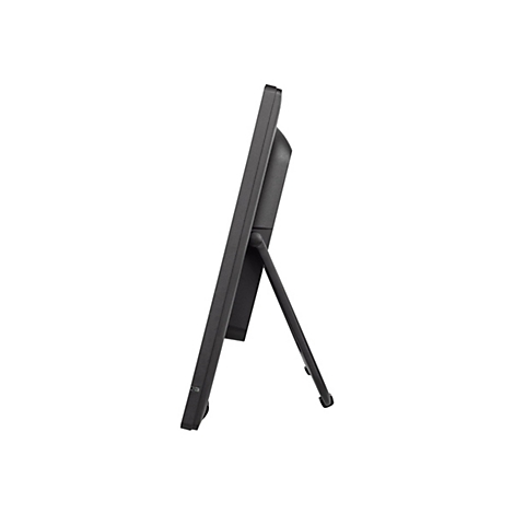 Ein schwarzes Tablet oder ein Monitor steht mit einem Ständer im Profil. Der Hintergrund ist weiß.