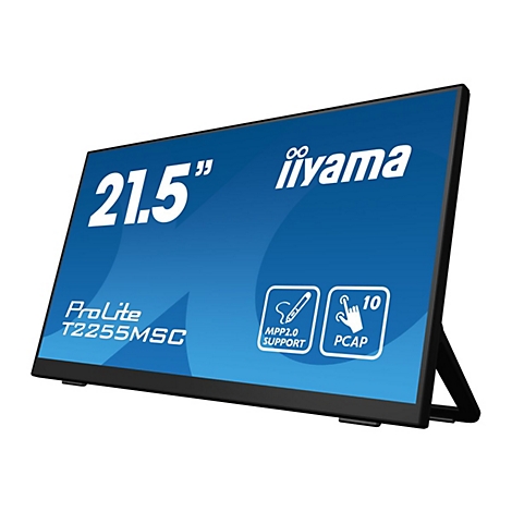 Schwarzer iiyama Monitor mit blauem Bildschirm. Aufschrift: 21,5 Zoll, iiyama, ProLite, T2255MSC, MPP2.0 Support, PCAP 10.