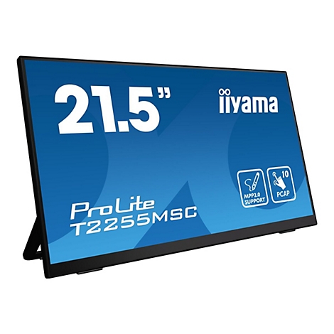 Schwarzer Touchscreen-Monitor mit der Aufschrift 21,5 Zoll, iiYama, ProLite T2255MSC. Blaue Oberfläche mit Symbolen und weißer Schrift.