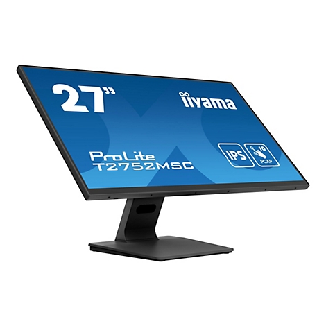 Ein schwarzer Touchscreen-Monitor mit der Aufschrift 27", iiyama und ProLite T2752MSC. Das Display ist blau.