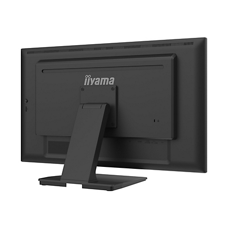 Rückansicht eines schwarzen iiyama-Monitors. Das iiyama-Logo ist mittig platziert. Anschlüsse und ein Ständer sind sichtbar.