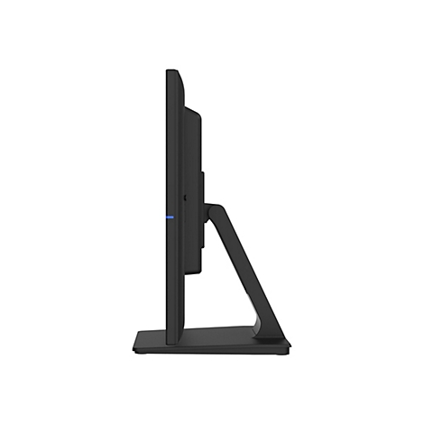 Seitenansicht eines schwarzen Monitors. Der Bildschirm ist schmal und rechteckig, er wird von einem Standfuß mit Stützarm gehalten.