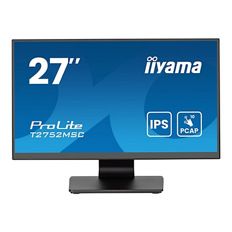 Ein schwarzer iiyama Monitor mit blauem Bildschirm. Auf dem Bildschirm sind Schriftzüge wie "27", "iiyama", "ProLite", "IPS" und "PCAP" zu sehen.