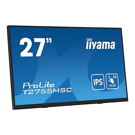Ein 27 Zoll Monitor mit schwarzem Rahmen und blauem Bildschirm. Auf dem Bildschirm sind die Schriftzüge "27 Zoll", "iiyama", "ProLite T2755MSC", "IPS" und "PCAP" zu sehen.