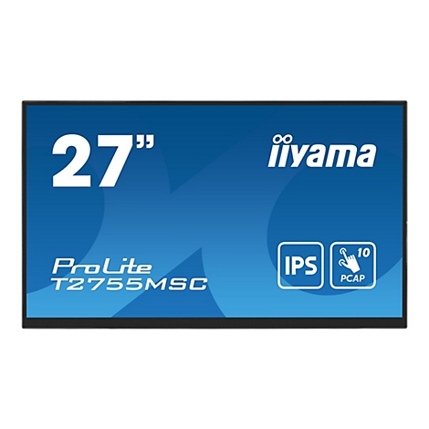Ein Touchscreen-Monitor mit der Aufschrift 27", iiYama, ProLite T2755MSC und Logos für IPS und PCAP-Touch.
