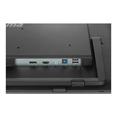 Nahaufnahme der Rückseite eines schwarzen Monitors. Ports wie HDMI, USB und Audio sind sichtbar.