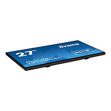 Ein schwarzer Touchscreen-Monitor von Iiyama, leicht geneigt, mit Schriftzügen und Logos. Auf dem Display steht „27 Zoll ProLite T2755MSC“.
