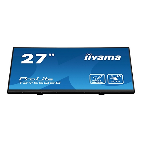 Ein schwarzer Touchscreen-Monitor mit der Aufschrift 27", iiyama und ProLite T2755QSC, sowie Logos für MPP2.0 Support und PCAP.
