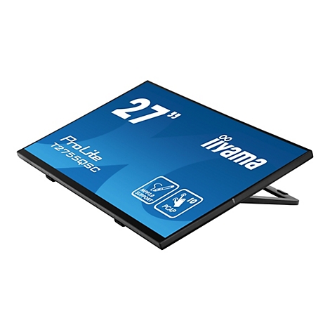 Ein schwarzer Touchscreen-Monitor mit der Aufschrift "27 Zoll" auf blauem Hintergrund und dem iiyama Logo.