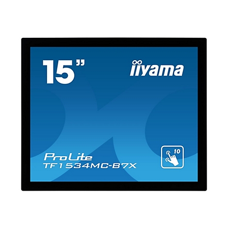 Schwarzer Bildschirm mit blauem Hintergrund. Oben steht 15 Zoll und iiyama, unten ProLite TF1534MC-B7X.