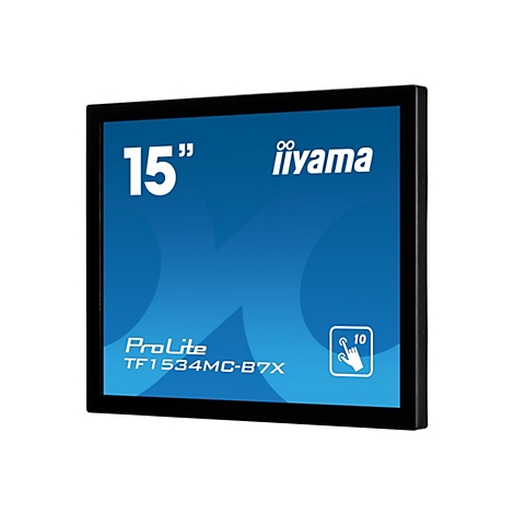 Schwarzer Monitor mit blauem Hintergrund und weißem Text: „15 Zoll“ und „iiyama“. Unten „ProLite TF1534MC-B7X“.