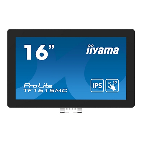 Schwarzer Touchscreen-Monitor mit 16-Zoll-Anzeige. Auf dem Bildschirm sind Markennamen und technische Daten zu sehen.