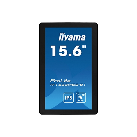 Schwarzes Tablet mit blauem Bildschirm, auf dem "iiyama 15.6 Zoll" steht. Darunter steht "ProLite TF1633MSC-B1". IPS- und PCAP-Logo.