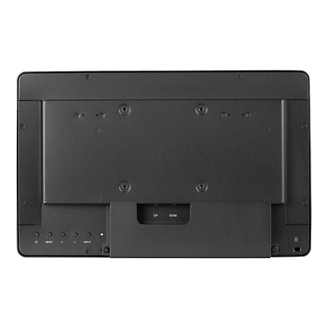 Rückseite eines schwarzen Monitors mit Anschlüssen und Knöpfen. Unten links befinden sich die Knöpfe für Power, Menü, Plus, Minus, Input und rechts das Schloss Symbol.