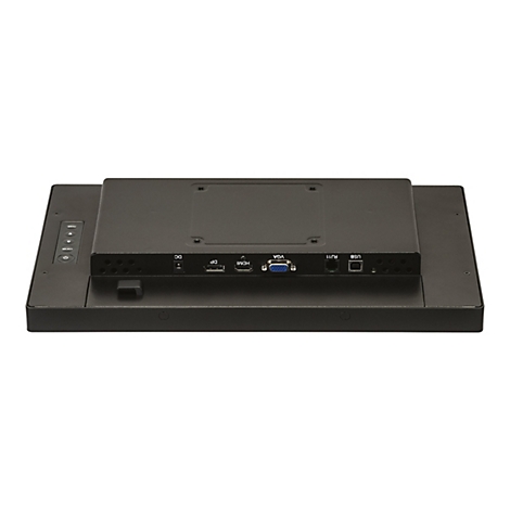 Rückansicht eines schwarzen Bildschirms mit Anschlüssen für HDMI, USB, VGA und RJ11.
