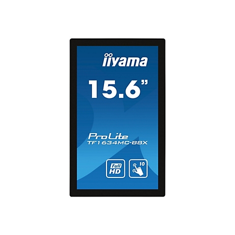 Schwarzer Touchscreen-Monitor, blaue Oberfläche mit weißem Schriftzug "iiyama" und "15.6", sowie Logos und Text.
