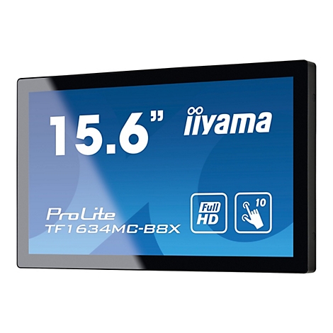 Ein schwarzer Monitor, auf dem "15.6" iiyama, ProLite, TF1634MC-B8X und Symbole angezeigt werden.