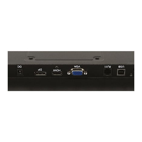 Nahaufnahme der Rückseite eines Monitors mit verschiedenen Anschlüssen, darunter HDMI, VGA, USB und RJ11.