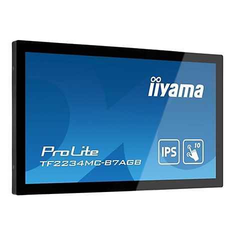 Schwarzer Touchscreen-Monitor mit weißer Schrift von iiyama ProLite. Auf blauem Hintergrund stehen IPS und eine Hand. Modell TF2234MC-B7AGB.