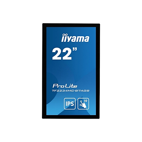 Schwarzer iiyama 22 Zoll Touchscreen-Monitor, blaue Oberfläche mit weißer Schrift.