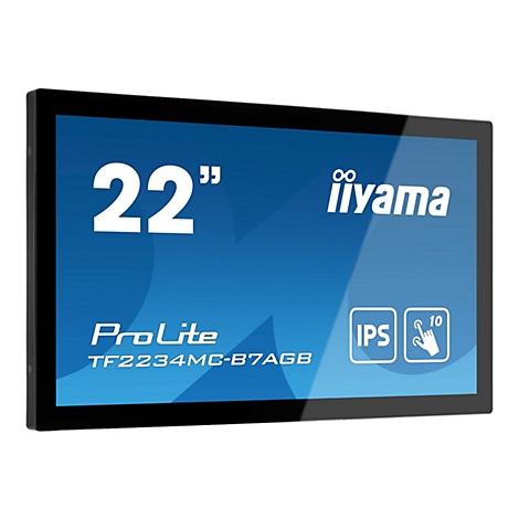 Ein schwarzer Touchscreen-Monitor mit dem Schriftzug "22 Zoll". Darunter steht "iIiyama ProLite TF2234MC-B7AGB".