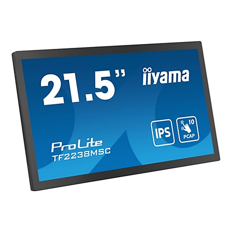Ein schwarzer Touchscreen-Monitor mit der Aufschrift "21,5 Zoll iiyama ProLite TF2238MSC". Auf dem Bildschirm befinden sich Symbole für IPS und PCAP.