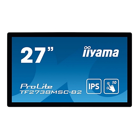 27-Zoll iiyama ProLite Touchscreen-Monitor vor blauem Hintergrund mit IPS- und 10-Punkt-Touch-Symbol.