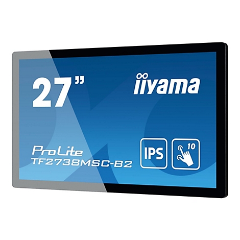 Schwarzer iiyama ProLite Monitor, 27 Zoll, mit blauen Akzenten. SchriftzÃ¼ge: iiyama, ProLite, IPS, 10 Touch.