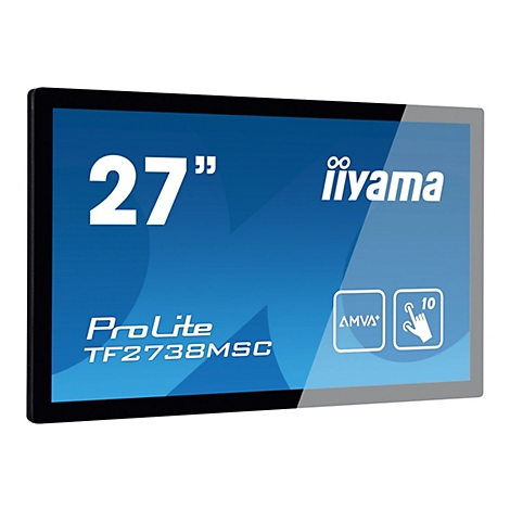 Ein 27 Zoll iiyama ProLite Touchscreen-Monitor. Blaue Anzeige mit weiÃŸem Schriftzug, umrandet von schwarzem Rahmen.