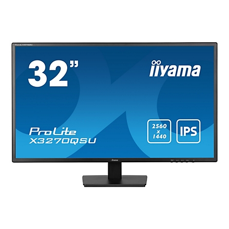 Ein 32-Zoll-Monitor von iiyama. Der Bildschirm hat eine blaue Oberfläche mit weißem Schriftzug, der die Marke und die technischen Daten angibt.