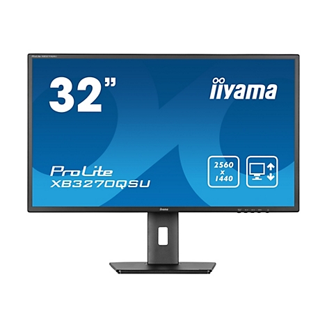 Ein schwarzer iiyama ProLite XB3270QSU Monitor, 32 Zoll groß, vor blauem Hintergrund. Text: 2560x1440.