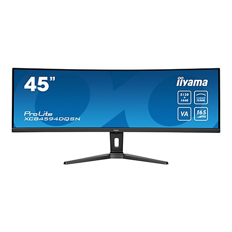 Ein gebogener 45-Zoll-Monitor mit blauem Bildschirm, der von einem schwarzen Standfuß gehalten wird. Markenzeichen 'iiyama' und Modellbezeichnung.