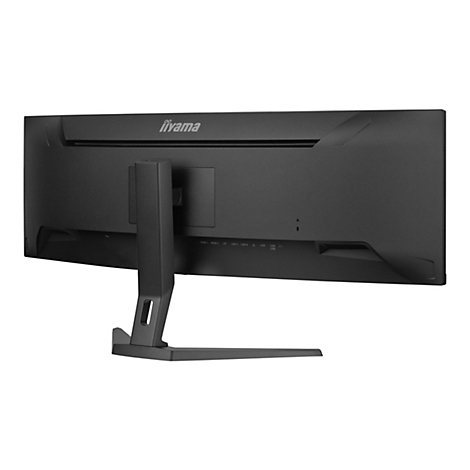 Der schwarze Bildschirm von hinten eines Iiyama-Monitors. Unterhalb des Iiyama-Logos befinden sich Anschlüsse und Anschlüsse.