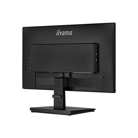 Rückseite eines schwarzen iiyama-Monitors. Es sind Anschlüsse, das Logo und die Bedienelemente zu sehen.