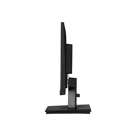 Seitliche Ansicht eines schwarzen Computermonitors auf einem Standfuß vor weißem Hintergrund.