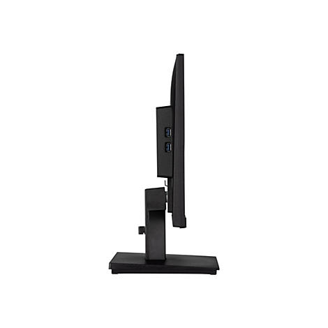 Seitenansicht eines schwarzen Monitors mit Standfuß. Zwei USB-Anschlüsse sind zu sehen.