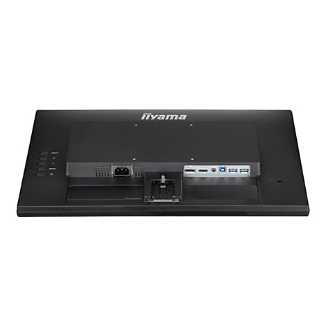Rückseite eines schwarzen iiyama-Monitors mit Anschlüssen für Strom, HDMI, USB und anderen Peripheriegeräten.