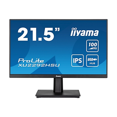 Ein schwarzer Monitor, auf dem 21,5 Zoll, Markenname und technische Spezifikationen angezeigt werden.