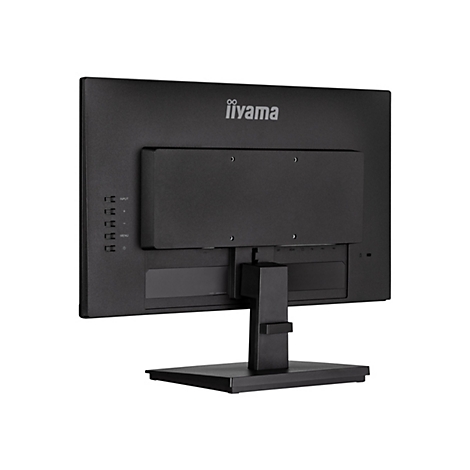Rückseite eines schwarzen iiyama-Monitors. Es gibt Anschlüsse, Knöpfe, einen Standfuß und das Logo.