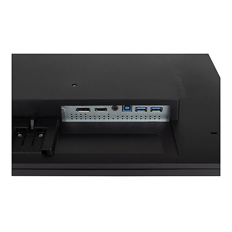 Nahaufnahme der Rückseite eines schwarzen Monitors mit Anschlüssen, darunter DP, HDMI und USB.
