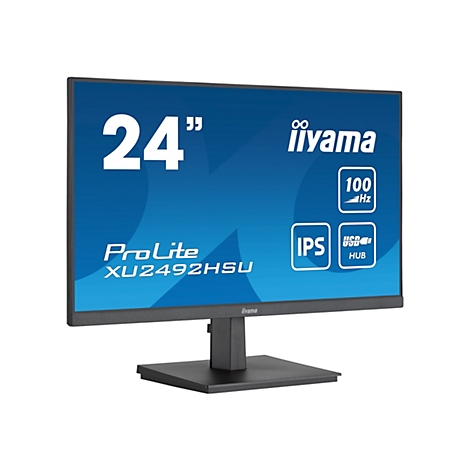 Schwarzer 24-Zoll iiyama Monitor mit IPS-Panel, 100 Hz und USB-Hub auf weißem Hintergrund.