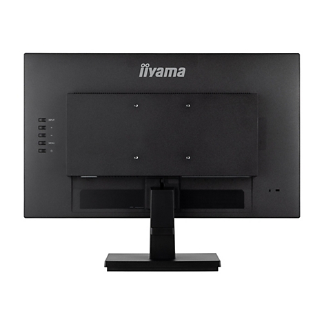 Rückseite eines schwarzen Iiyama-Monitors mit Bedienknöpfen, dem Firmenlogo und den Anschlussmöglichkeiten.
