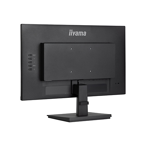 Ein schwarzer Monitor, Rückseite, mit Bedienelementen, Anschlüssen und Firmenlogo iiYama.