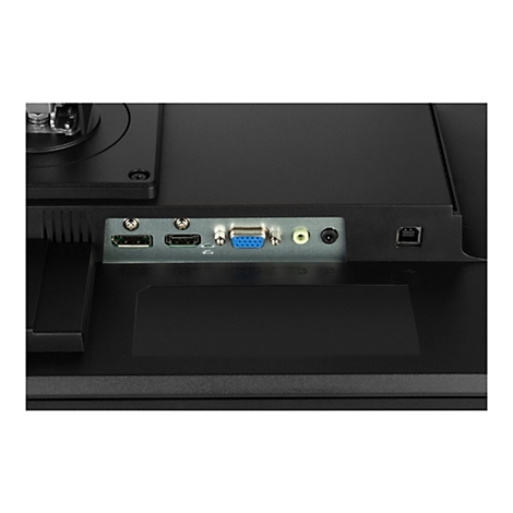 Nahaufnahme der Rückseite eines schwarzen Monitors. Ports für USB, HDMI, VGA, Audio und Strom sind sichtbar. Das Gehäuse ist strukturiert.