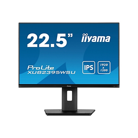 Ein schwarzer iiyama Monitor mit blauem Bildschirm, der Produktinformationen zeigt. Auf dem Bildschirm stehen die Größenangabe 22,5", die Marke iiyama, ProLite, Modellbezeichnung und technische Merkmale.